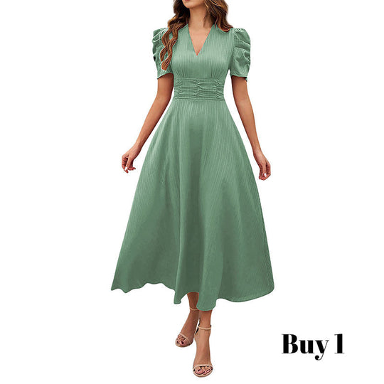 🥳2026 HOT SALE🥳💞50K+ SOLD!💥💕🌿 50% OFF! Elegant Puff Sleeve Dress – V-neck & high waist create hourglass shape. Breathable, wrinkle-resistant. Perfect for mature women. 👗✅