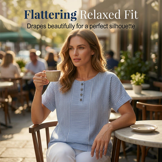 🥳🔥 PROMO FLASH 50% ! T-shirt Femme Henley Rayé Décontracté – Col Boutonné, Tissu Léger, Coupe Confy, Style Bohème Chic pour l'Été 💞