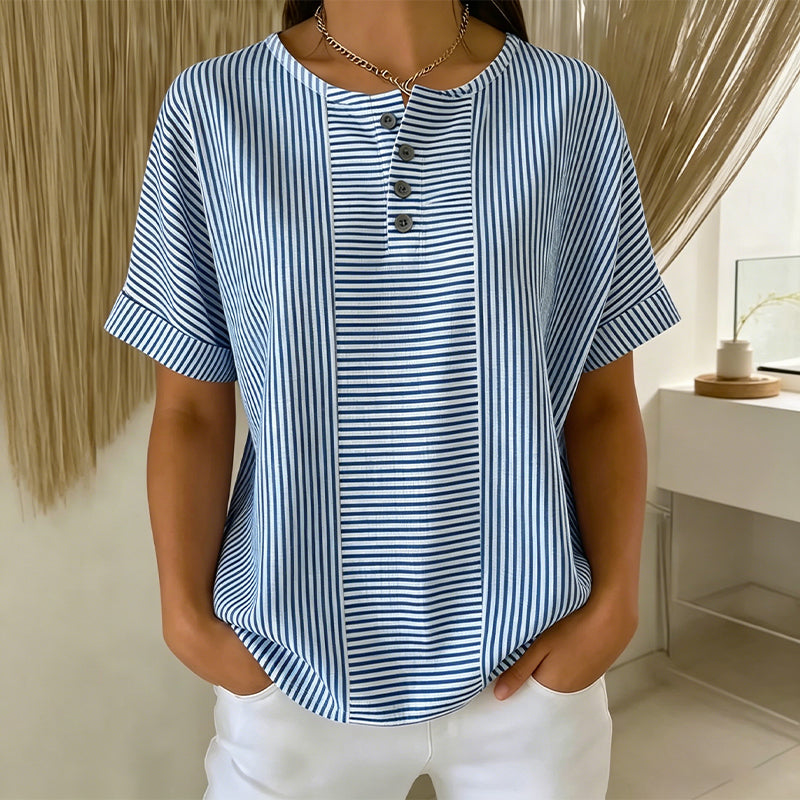 🥳🔥 PROMO FLASH 50% ! T-shirt Femme Henley Rayé Décontracté – Col Boutonné, Tissu Léger, Coupe Confy, Style Bohème Chic pour l'Été 💞