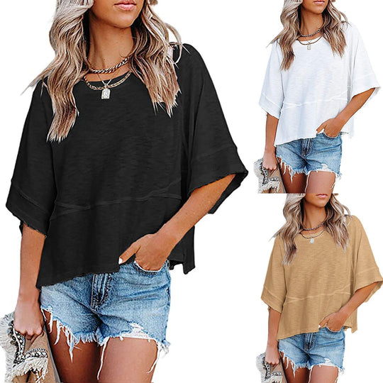 ✨2026 HOT SALE 50% OFF💃🌸Women's Solid Color Splicing Loose Five Points Flare Sleeve T-Shirt