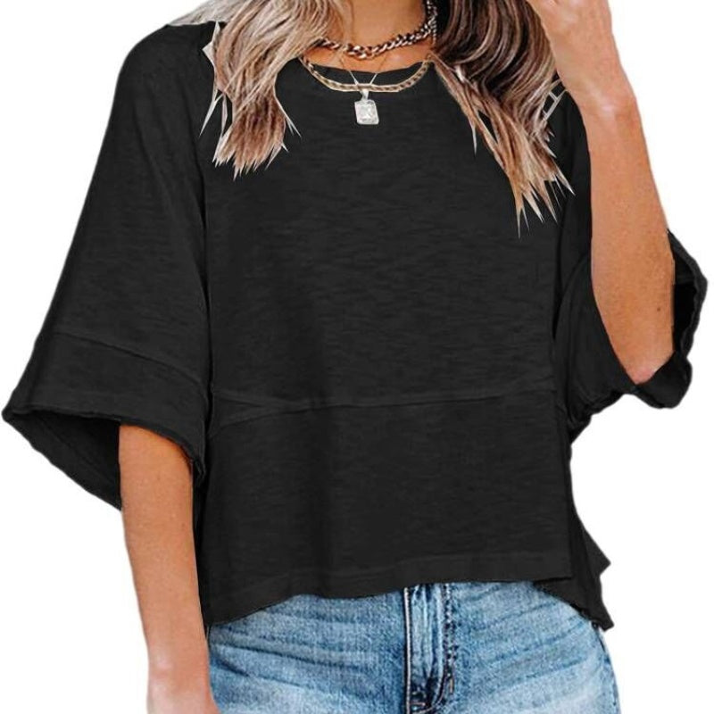 ✨2026 HOT SALE 50% OFF💃🌸Women's Solid Color Splicing Loose Five Points Flare Sleeve T-Shirt