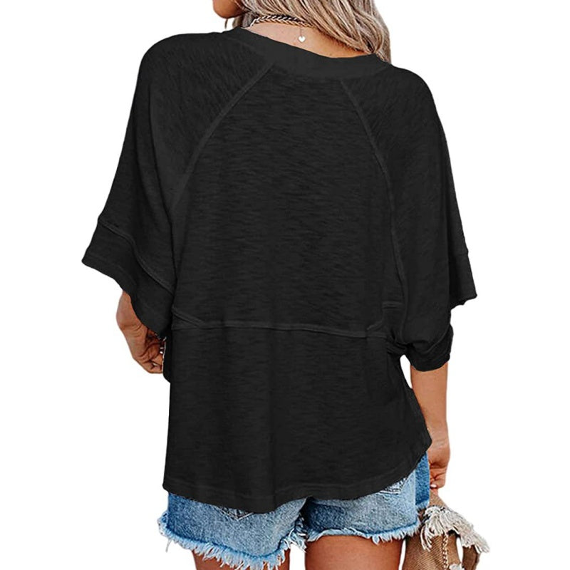 ✨2026 HOT SALE 50% OFF💃🌸Women's Solid Color Splicing Loose Five Points Flare Sleeve T-Shirt