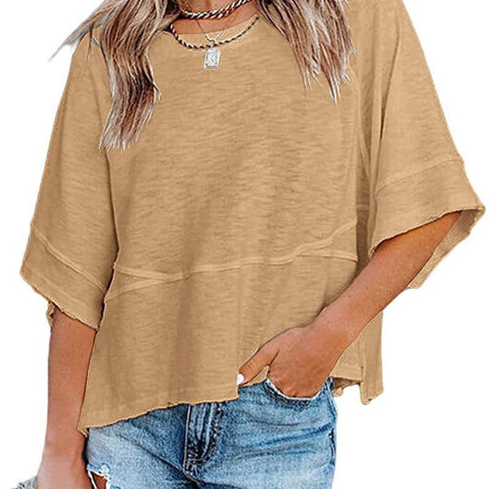 ✨2026 HOT SALE 50% OFF💃🌸Women's Solid Color Splicing Loose Five Points Flare Sleeve T-Shirt