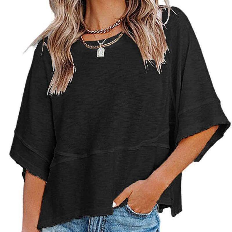 ✨2026 HOT SALE 50% OFF💃🌸Women's Solid Color Splicing Loose Five Points Flare Sleeve T-Shirt