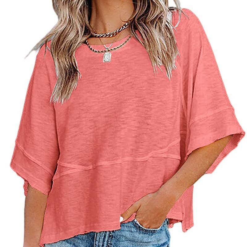 ✨2026 HOT SALE 50% OFF💃🌸Women's Solid Color Splicing Loose Five Points Flare Sleeve T-Shirt
