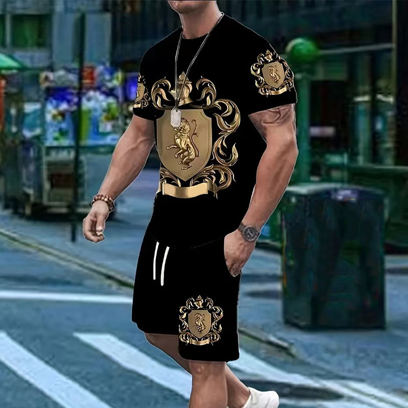 👕 50% OFF NOW! 👑 Men's Gold Crest Print T-Shirt & Shorts Set – Stylish, breathable & perfect for casual summer days or sporty looks 🩳