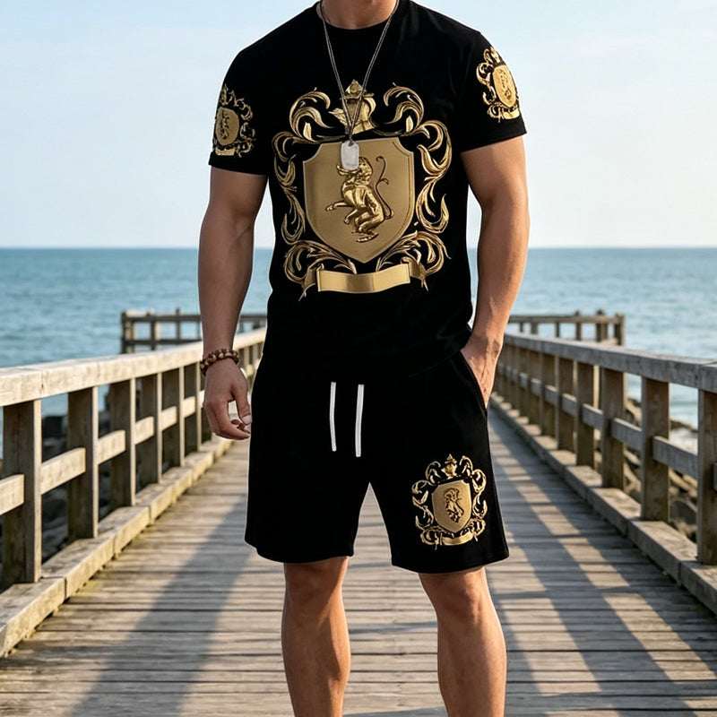 👕 50% OFF NOW! 👑 Men's Gold Crest Print T-Shirt & Shorts Set – Stylish, breathable & perfect for casual summer days or sporty looks 🩳