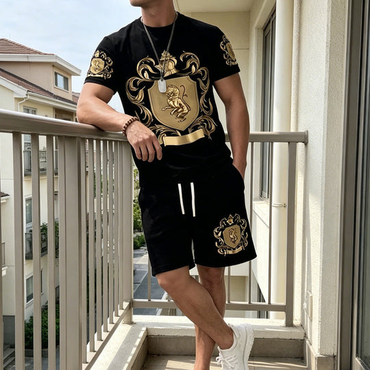 👕 50% OFF NOW! 👑 Men's Gold Crest Print T-Shirt & Shorts Set – Stylish, breathable & perfect for casual summer days or sporty looks 🩳