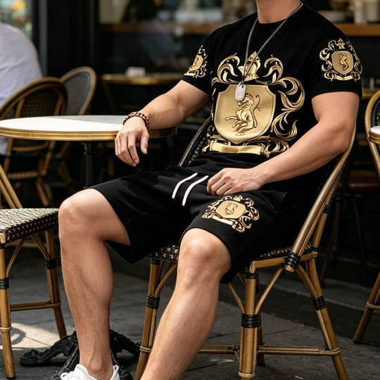 👕 50% OFF NOW! 👑 Men's Gold Crest Print T-Shirt & Shorts Set – Stylish, breathable & perfect for casual summer days or sporty looks 🩳