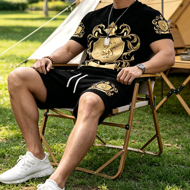 👕 50% OFF NOW! 👑 Men's Gold Crest Print T-Shirt & Shorts Set – Stylish, breathable & perfect for casual summer days or sporty looks 🩳