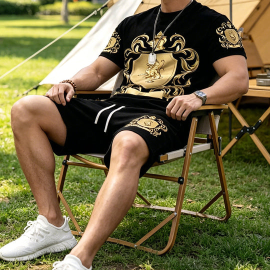 👕 50% OFF NOW! 👑 Men's Gold Crest Print T-Shirt & Shorts Set – Stylish, breathable & perfect for casual summer days or sporty looks 🩳