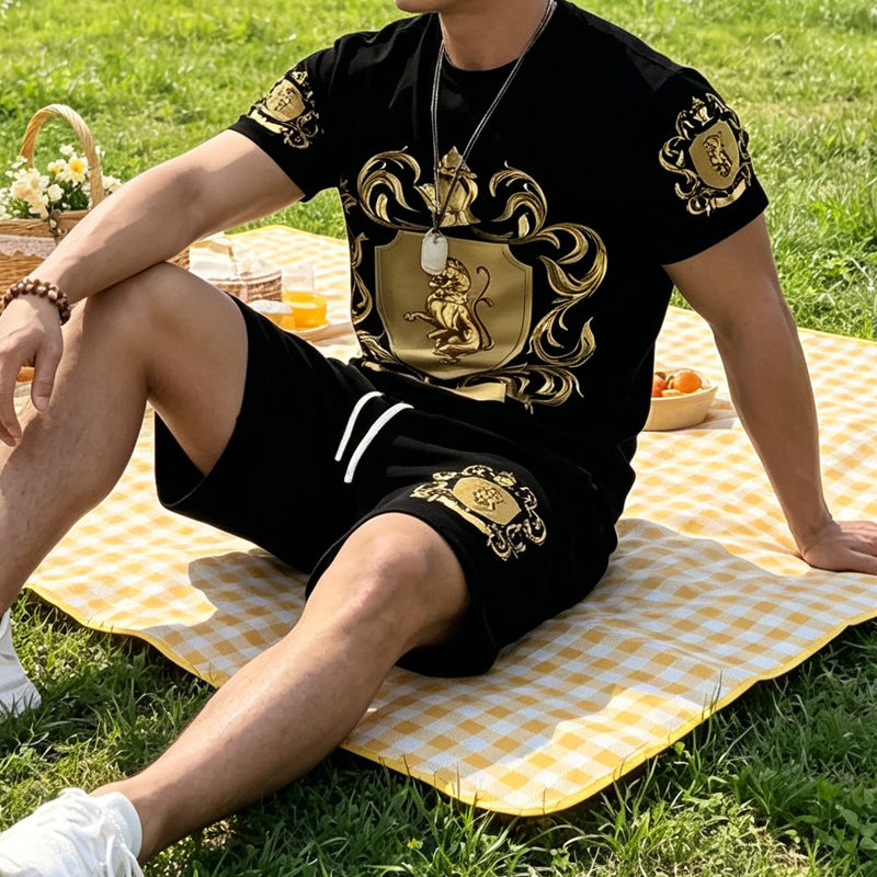👕 50% OFF NOW! 👑 Men's Gold Crest Print T-Shirt & Shorts Set – Stylish, breathable & perfect for casual summer days or sporty looks 🩳