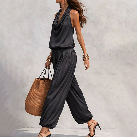 🎁New Arrivals 50% OFF💥Sleeveless Cowl Neck Jumpsuit – Halter, Wide-Leg, Elegant