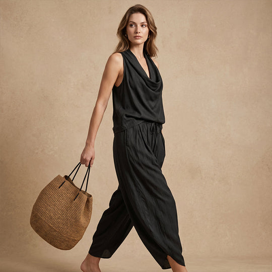 🎁New Arrivals 50% OFF💥Sleeveless Cowl Neck Jumpsuit – Halter, Wide-Leg, Elegant