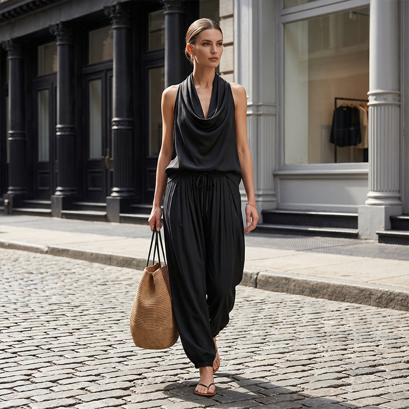 🎁New Arrivals 50% OFF💥Sleeveless Cowl Neck Jumpsuit – Halter, Wide-Leg, Elegant