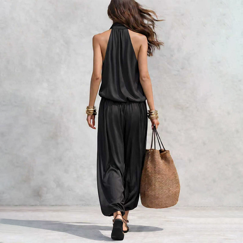 🎁New Arrivals 50% OFF💥Sleeveless Cowl Neck Jumpsuit – Halter, Wide-Leg, Elegant
