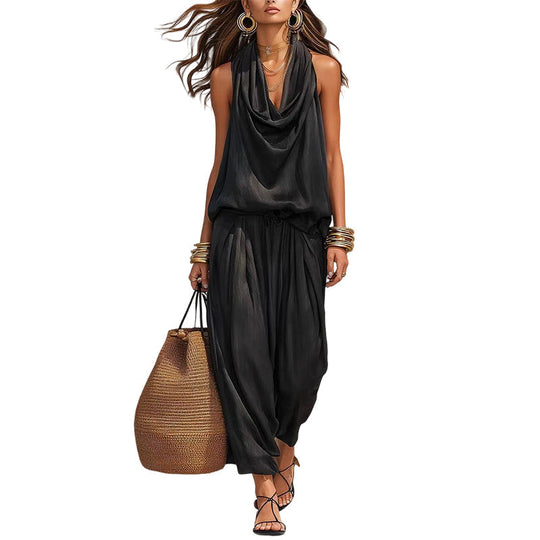 🎁New Arrivals 50% OFF💥Sleeveless Cowl Neck Jumpsuit – Halter, Wide-Leg, Elegant