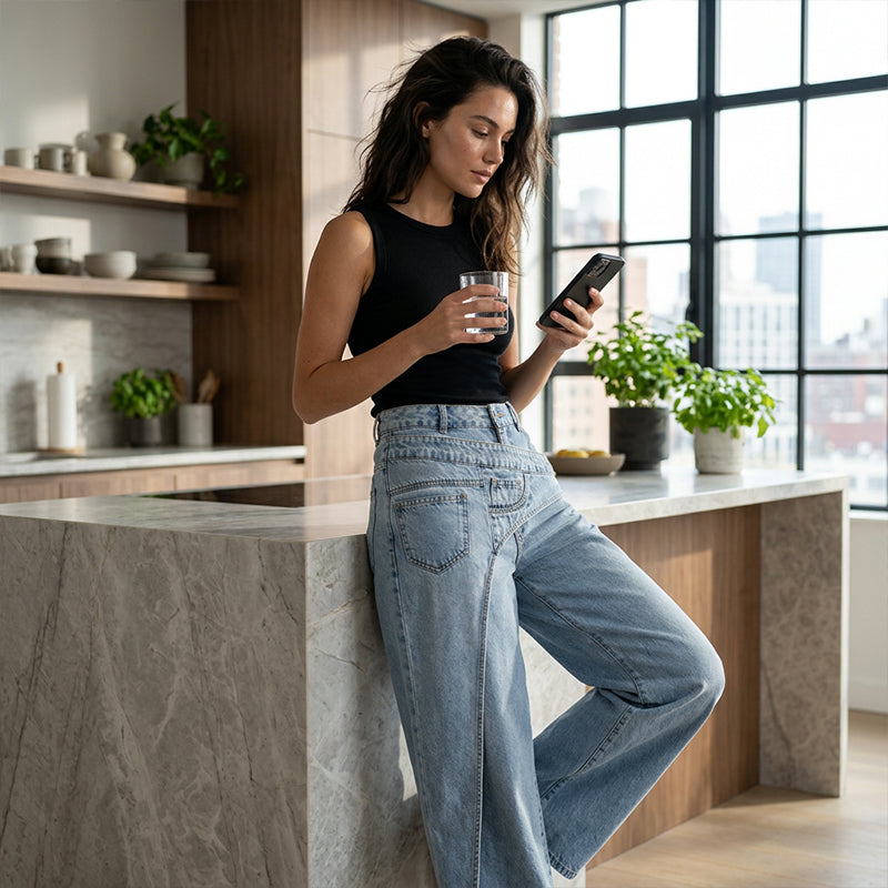 ⏳Time-Limited Special⏰Women's Asymmetrical Waist Wide Leg Jeans – Unique waist design, relaxed fit & versatile – Perfect for chic everyday style & casual outings 🌿