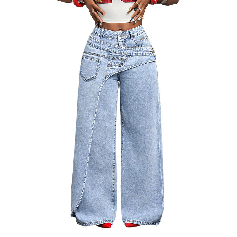 ⏳Time-Limited Special⏰Women's Asymmetrical Waist Wide Leg Jeans – Unique waist design, relaxed fit & versatile – Perfect for chic everyday style & casual outings 🌿