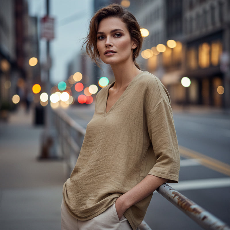 Women's Casual V-Neck Three Quarter Sleeve Blouse