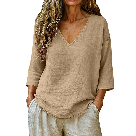 Women's Casual V-Neck Three Quarter Sleeve Blouse
