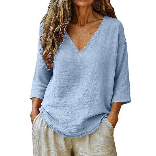 Women's Casual V-Neck Three Quarter Sleeve Blouse
