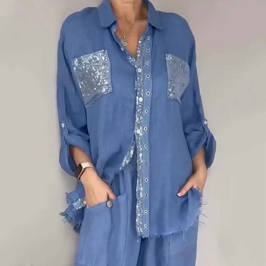 Women's Sequin Shirt & Wide-Leg Pants Set