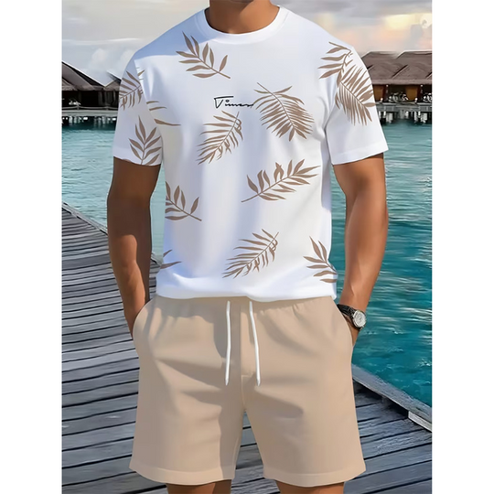 ⏳Time-Limited Special⏰Men's Summer Printed 2-Piece Set – Tropical Palm Pattern & Breathable Fabric Blend 🌴