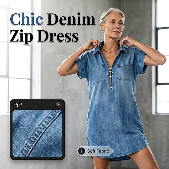 Women Casual Denim Shirt Dress Loose Lapel Short Sleeve Zipper Dress with Pockets