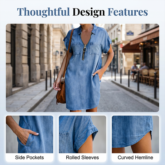 Women Casual Denim Shirt Dress Loose Lapel Short Sleeve Zipper Dress with Pockets