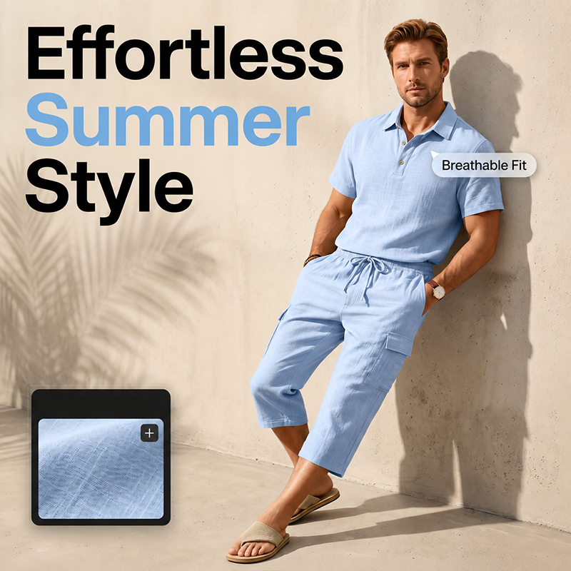 👕Men Summer Linen Set Loose Shirt and Cargo Shorts Two Piece Outfit