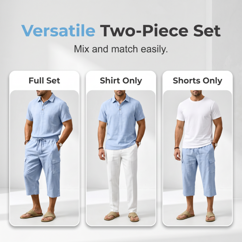 👕Men Summer Linen Set Loose Shirt and Cargo Shorts Two Piece Outfit
