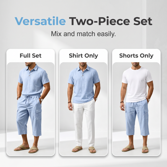 👕Men Summer Linen Set Loose Shirt and Cargo Shorts Two Piece Outfit