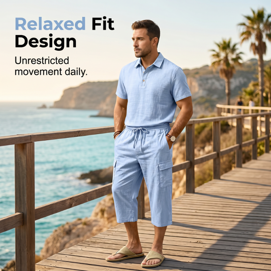 👕Men Summer Linen Set Loose Shirt and Cargo Shorts Two Piece Outfit
