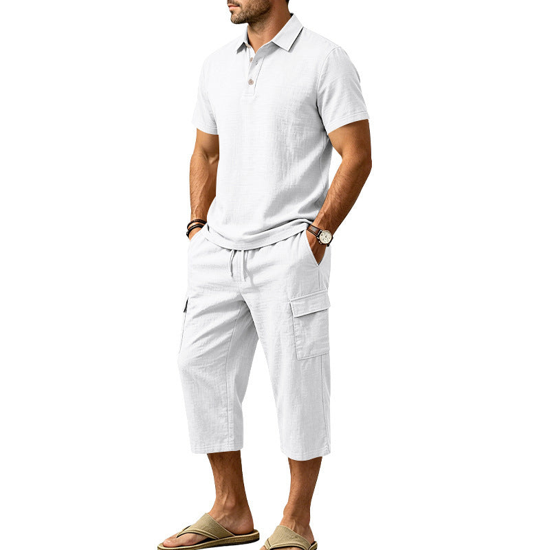 👕Men Summer Linen Set Loose Shirt and Cargo Shorts Two Piece Outfit