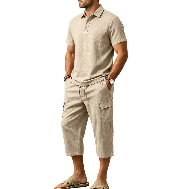 👕Men Summer Linen Set Loose Shirt and Cargo Shorts Two Piece Outfit