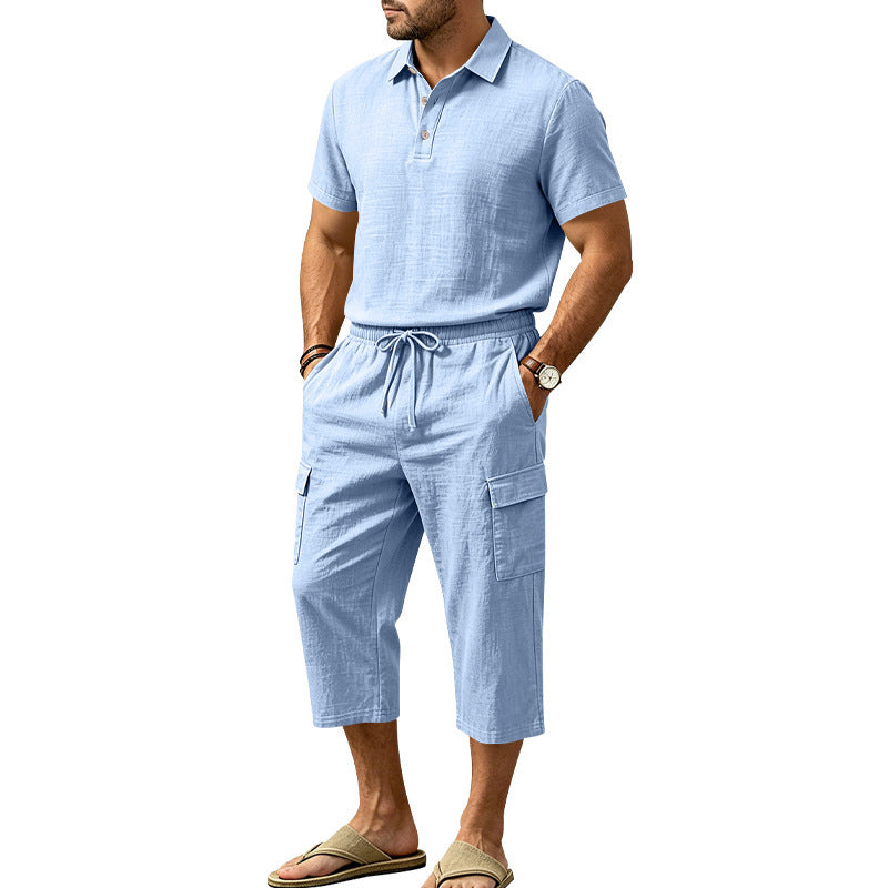 👕Men Summer Linen Set Loose Shirt and Cargo Shorts Two Piece Outfit