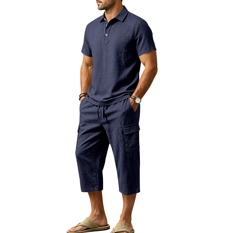 👕Men Summer Linen Set Loose Shirt and Cargo Shorts Two Piece Outfit