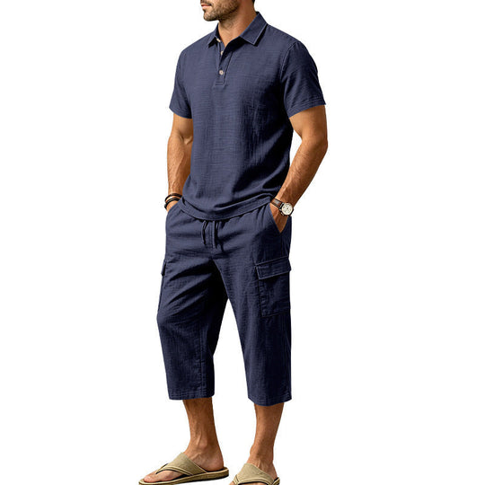 👕Men Summer Linen Set Loose Shirt and Cargo Shorts Two Piece Outfit