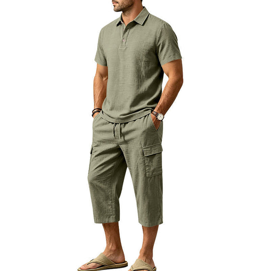 👕Men Summer Linen Set Loose Shirt and Cargo Shorts Two Piece Outfit