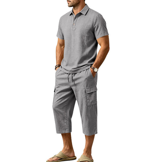 👕Men Summer Linen Set Loose Shirt and Cargo Shorts Two Piece Outfit