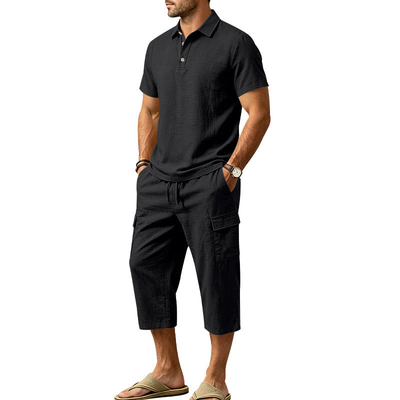 👕Men Summer Linen Set Loose Shirt and Cargo Shorts Two Piece Outfit
