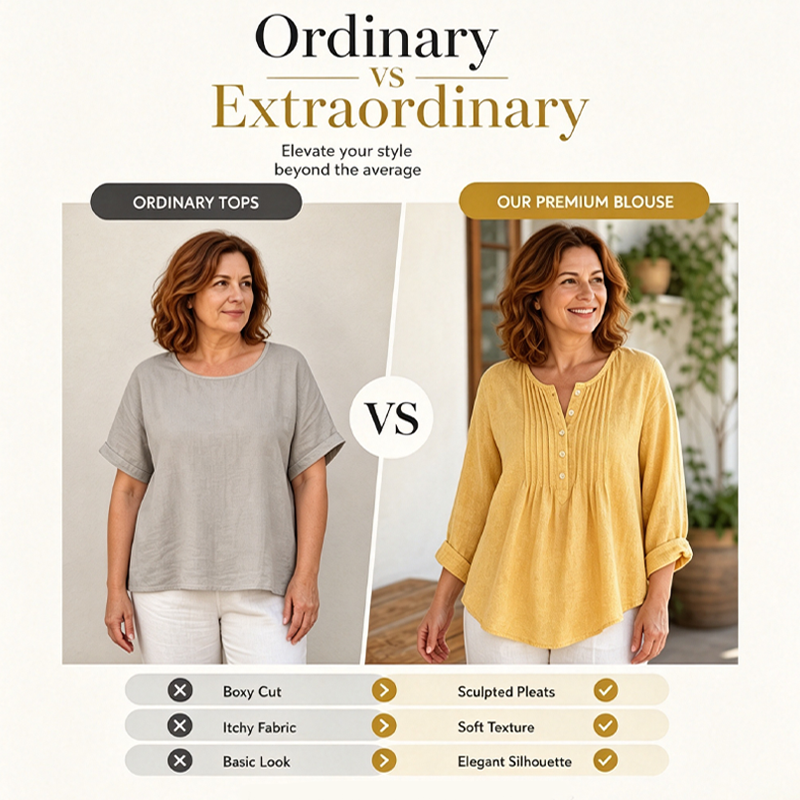 ⌛Limited-Time Offer-Women's Long Sleeve Pleated Henley Neck Blouse