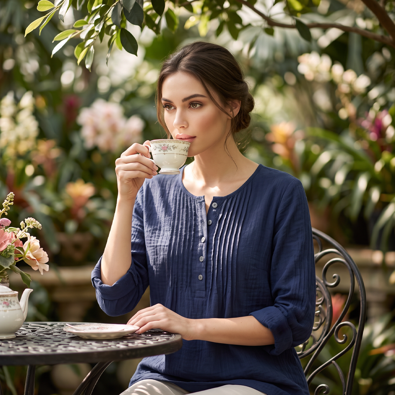 ⌛Limited-Time Offer-Women's Long Sleeve Pleated Henley Neck Blouse