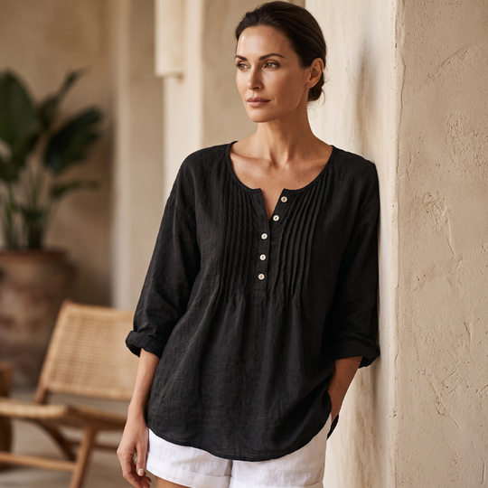 ⌛Limited-Time Offer-Women's Long Sleeve Pleated Henley Neck Blouse