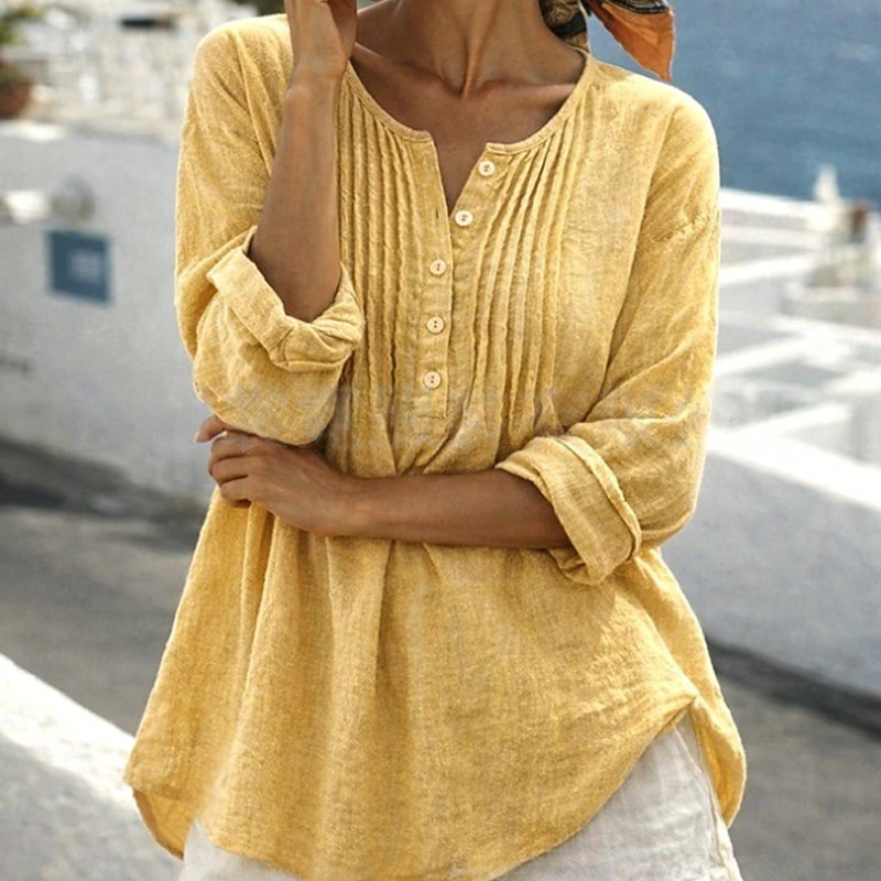 ⌛Limited-Time Offer-Women's Long Sleeve Pleated Henley Neck Blouse