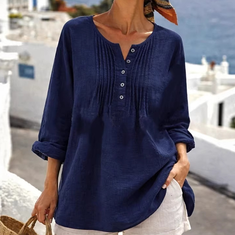 ⌛Limited-Time Offer-Women's Long Sleeve Pleated Henley Neck Blouse
