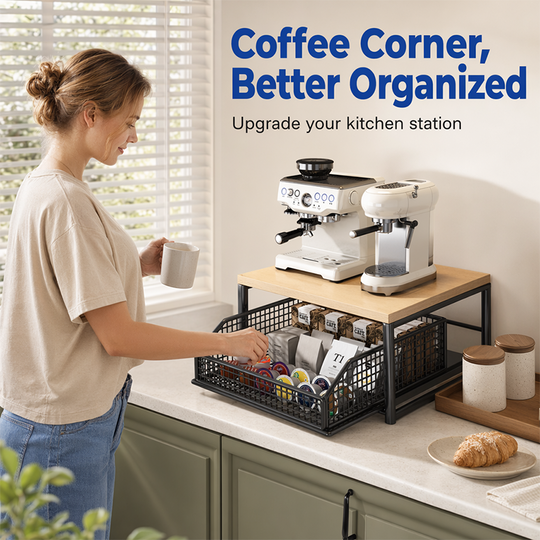 💥2-Tier Kitchen Microwave Stand with Slide-Out Drawer — Heavy-Duty Countertop Shelf