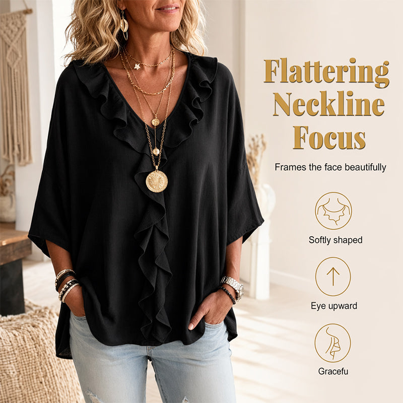 Trending Now⭐💫 Flowy V-Neck Top with Ruffle Accent – Versatile Solid Color That Pairs with Everything