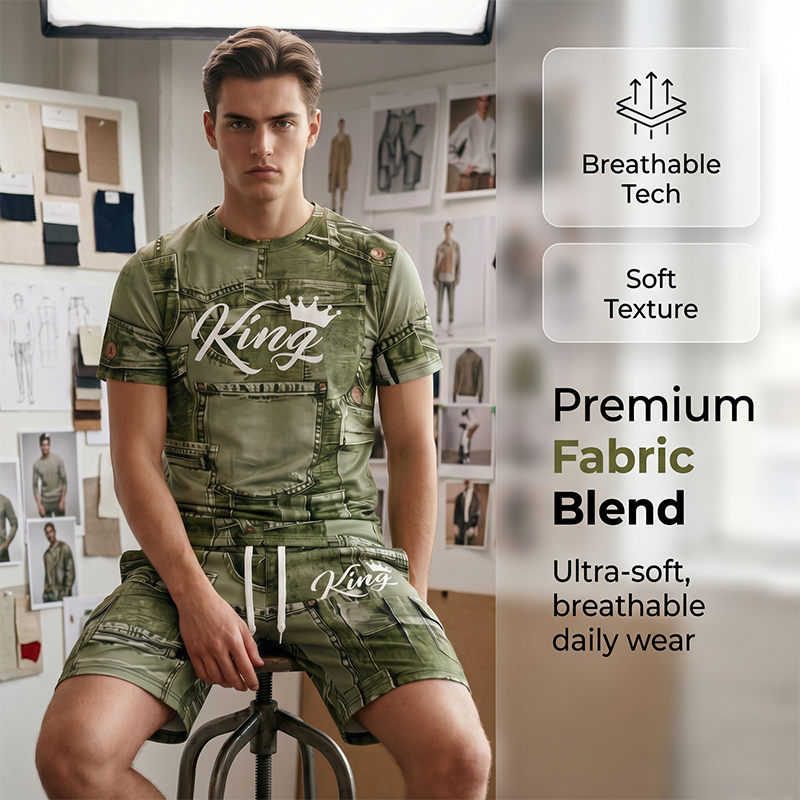 🔥This Week's Special Price😍Mens Casual Faux Denim Print T Shirt Shorts Set